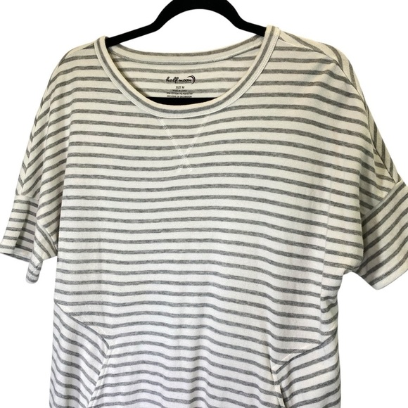 HALF MOON Women size M striped gray white front pockets short sleeve knit dress - Picture 2 of 6